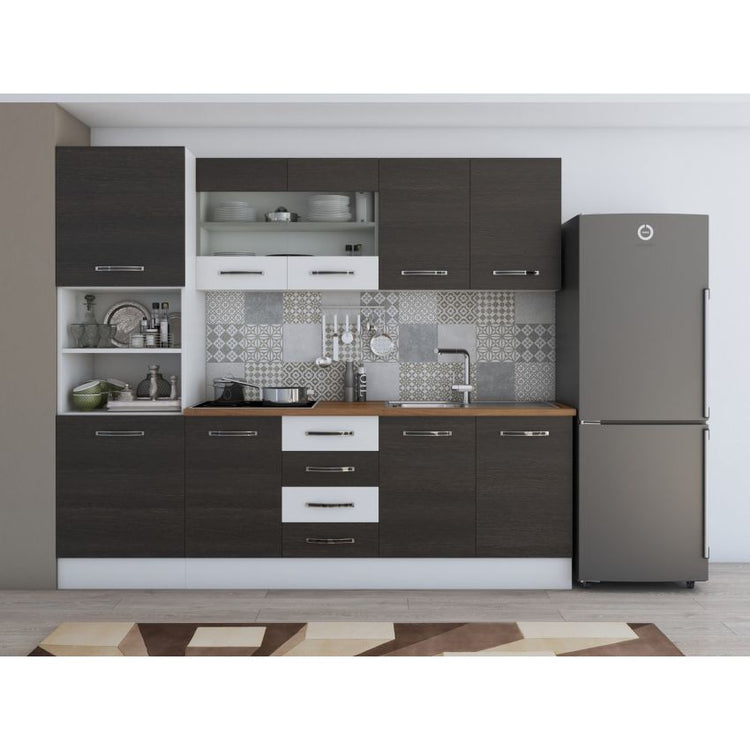 Bucatarie Alfa, 240cm, cu soldat, vitrina si blat termic