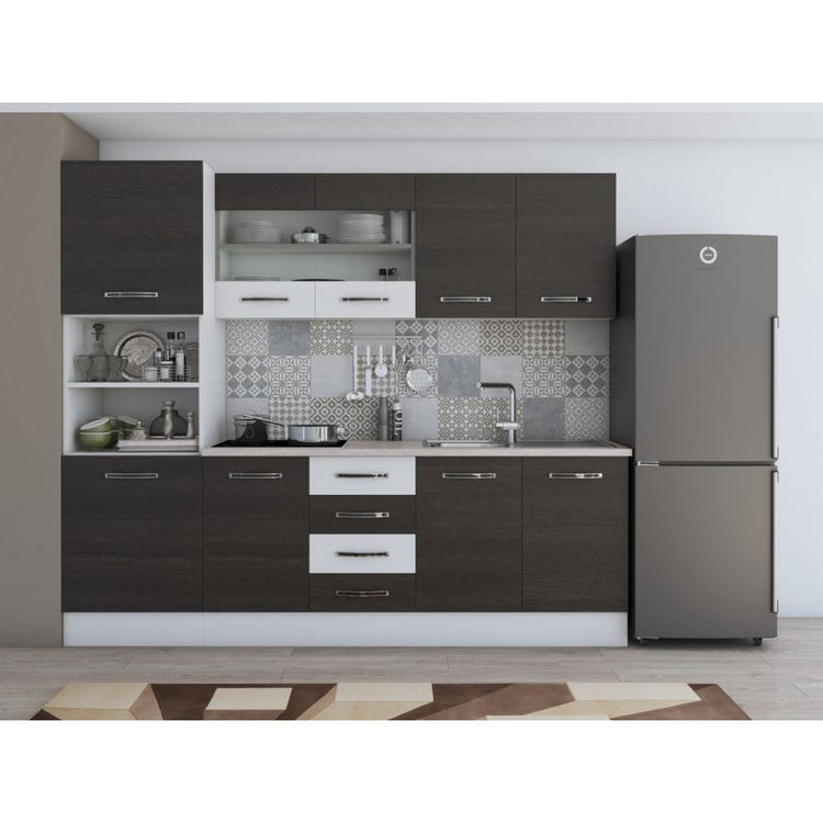 Bucatarie Alfa, 240cm, cu soldat, vitrina si blat termic