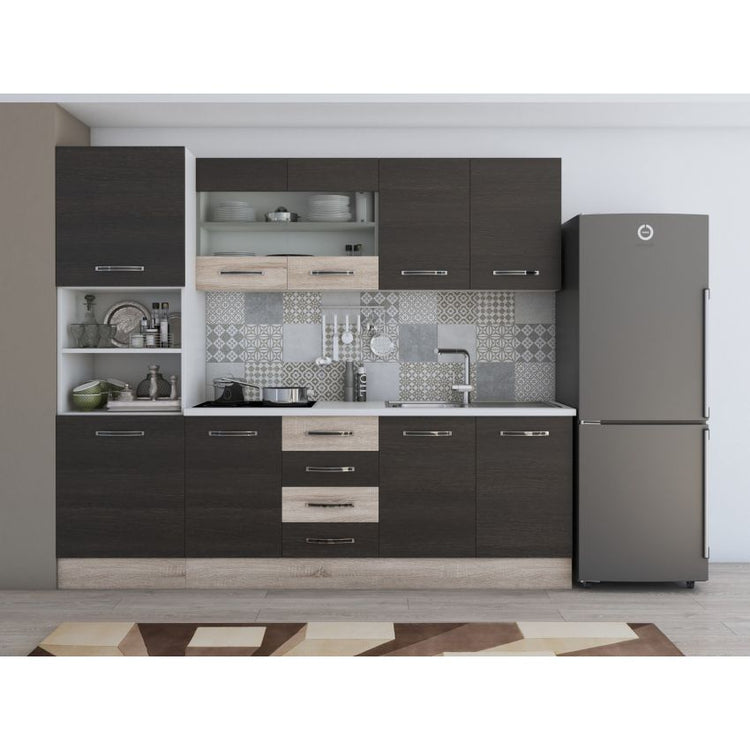 Bucatarie Alfa, 240cm, cu soldat, vitrina si blat termic