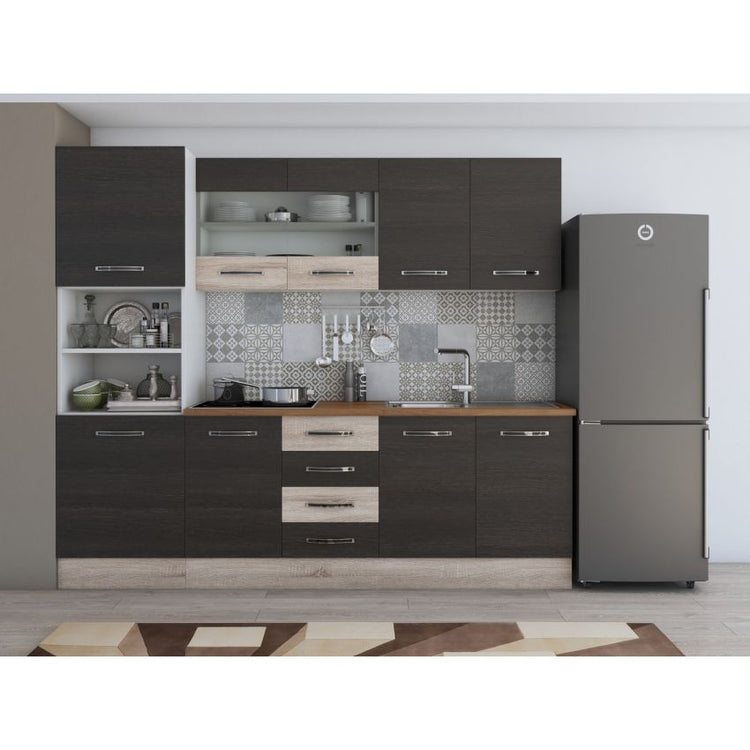 Bucatarie Alfa, 240cm, cu soldat, vitrina si blat termic