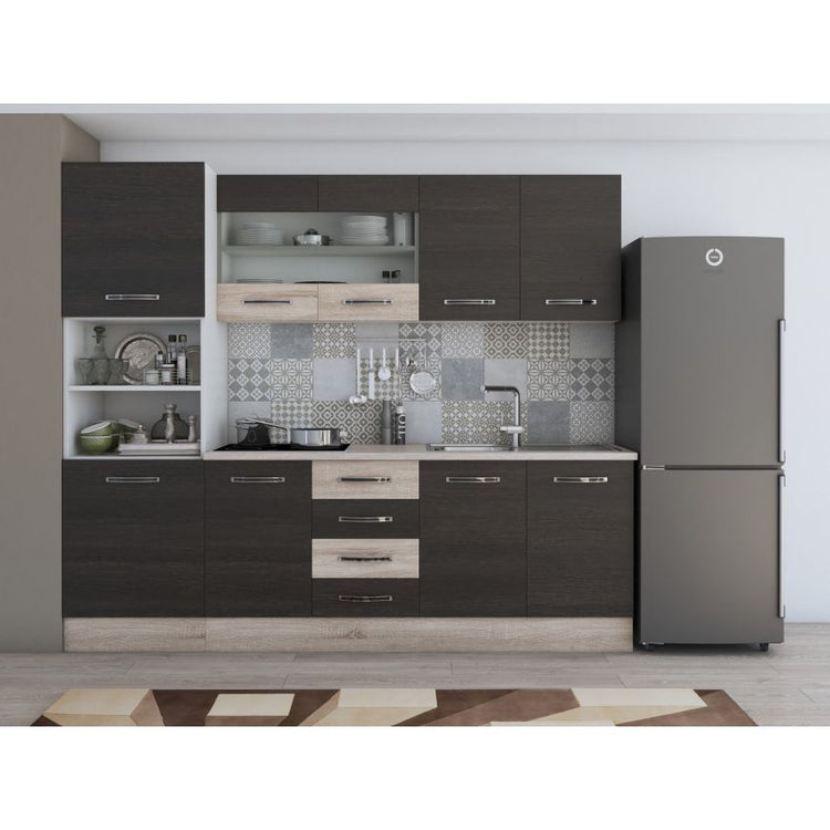 Bucatarie Alfa, 240cm, cu soldat, vitrina si blat termic