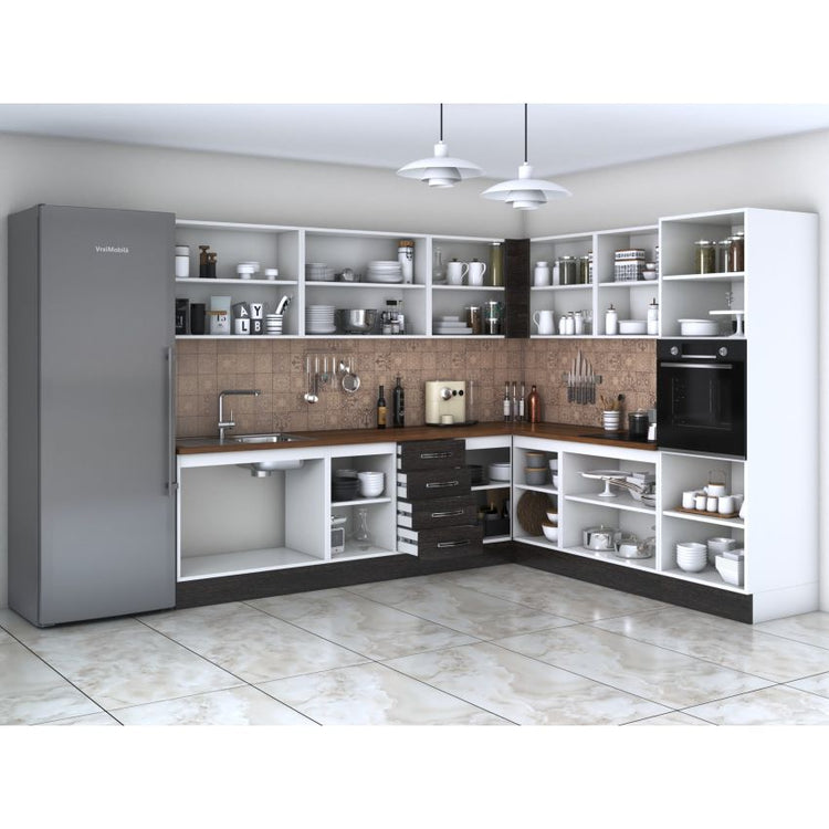 Bucatarie de colt Alfa, Corp inalt cuptor, Cu vitrina, Blat termic