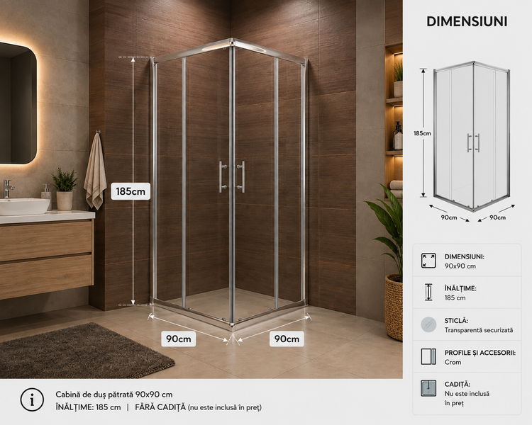 Cabina dus 90x90cm patrata sticla 4MM RDR6 GOBE