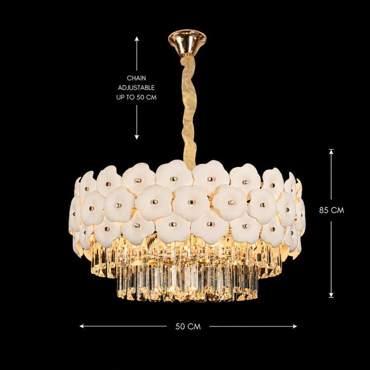 Candelabru Cristal PETAL Eleganza 9xE14, D50 cm, Auriu, Inaltime Reglabila, Metal si Cristal