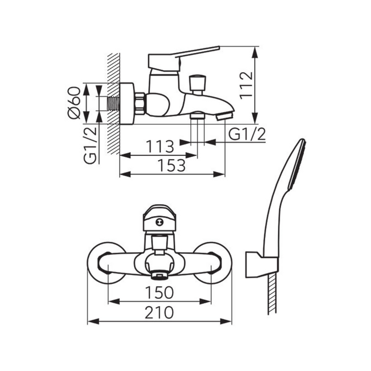 Isso - Baterie perete cada-dus cu set de dus inclus, crom BIS11