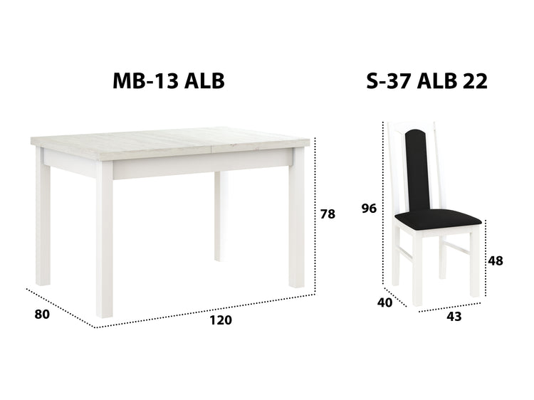 Set masa extensibila 120x150cm cu 4 scaune tapitate, mb-13 max5 si s-37 boss7 b22, alb, lemn masiv de fag, stofa
