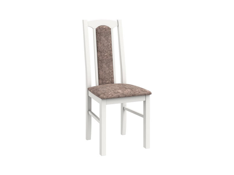 Set masa extensibila jork 200x250 cm, lemn masiv alb, cu 10 scaune tapitate stofa maro, s-37 B25B