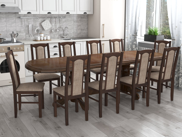 Set masa extensibila jork 200x250 cm, lemn masiv nuc, cu 10 scaune tapitate stofa maro, s-37 O2