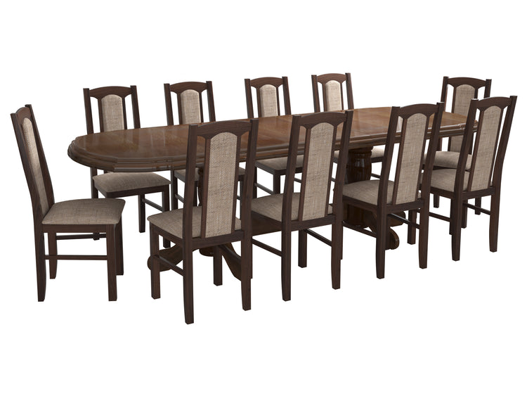 Set masa extensibila jork 200x250 cm, lemn masiv nuc, cu 10 scaune tapitate stofa maro, s-37 O2