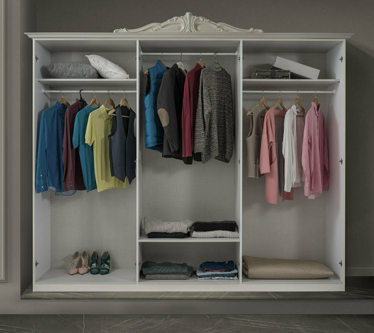 Dormitor Barocco Bianco, alb/auriu, pat 160x200 cm, dulap cu 6 usi, comoda, 2 noptiere, somiera metalica si saltea incluese