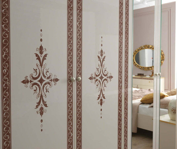 Dormitor grace, crem, pat 160x200 cm, dulap cu 6 usi, 2 noptiere, comoda, somiera metalica si saltea incluse