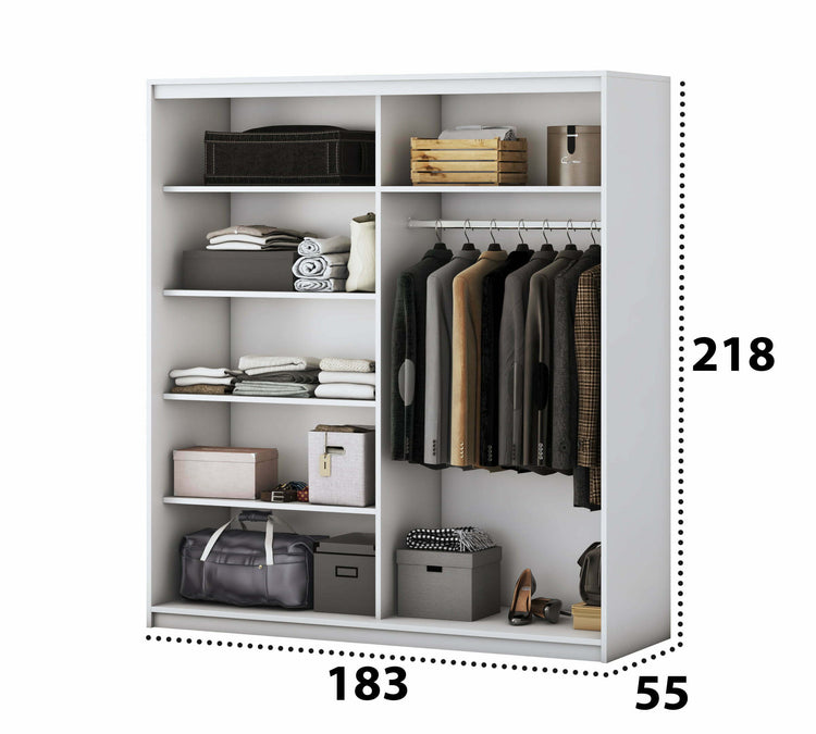 Dormitor Solano, alb, dulap 183 cm, pat cu tablie tapitata gri 160×200 cm, 2 noptiere, comoda - La Cucu