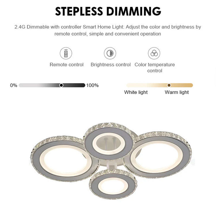 Lustra LED cu telecomanda si cristal NOVA ROTONDA RGB 82W, 4 Cercuri, lumina Rece/Calda/Neutra, Dimabila, Alb