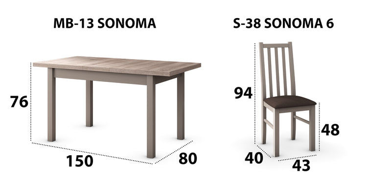 Set masa extensibila 120x150cm cu 6 scaune tapitate, MB-13 Max5 si S-38 Boss10 S6, sonoma, lemn masiv de fag, stofa