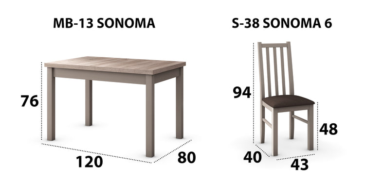 Set masa extensibila 120x150cm cu 6 scaune tapitate, MB-13 Max5 si S-38 Boss10 S6, sonoma, lemn masiv de fag, stofa