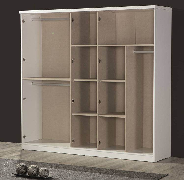 Dormitor Felix, alb, pat 160 x 200 cm, dulap cu 5 usi, 2 noptiere, comoda