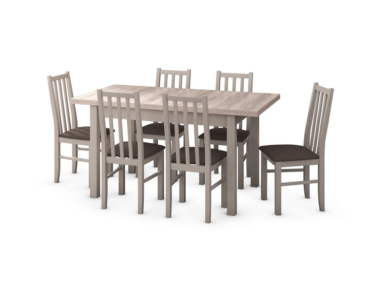 Set masa extensibila 120x150cm cu 6 scaune tapitate, MB-13 Max5 si S-38 Boss10 S6, sonoma, lemn masiv de fag, stofa