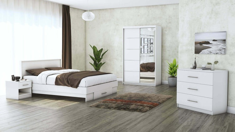 Set dormitor Beta, alb, dulap 120 cm, pat 140x200 cm, 2 noptiere, comoda - La Cucu