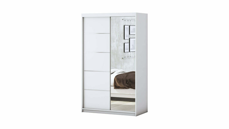 Set dormitor Beta, alb, dulap 120 cm, pat 140x200 cm, 2 noptiere, comoda - La Cucu