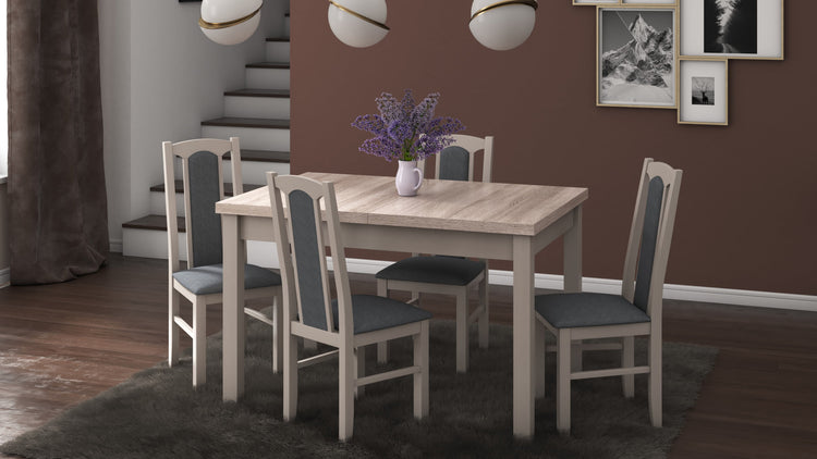 Set masa extensibila 120x150cm cu 4 scaune tapitate, mb-13 max5 si s-37 boss7 s11, sonoma, lemn masiv de fag, stofa