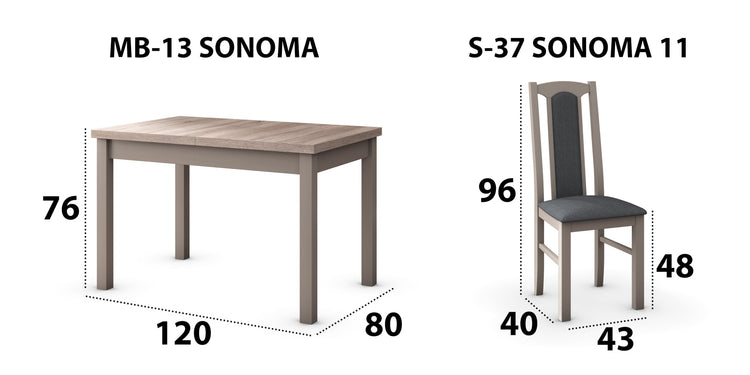 Set masa extensibila 120x150cm cu 4 scaune tapitate, mb-13 max5 si s-37 boss7 s11, sonoma, lemn masiv de fag, stofa
