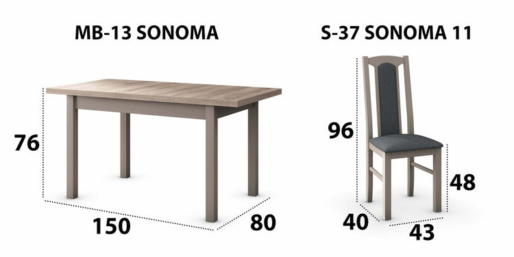 Set masa extensibila 120x150cm cu 4 scaune tapitate, mb-13 max5 si s-37 boss7 s11, sonoma, lemn masiv de fag, stofa