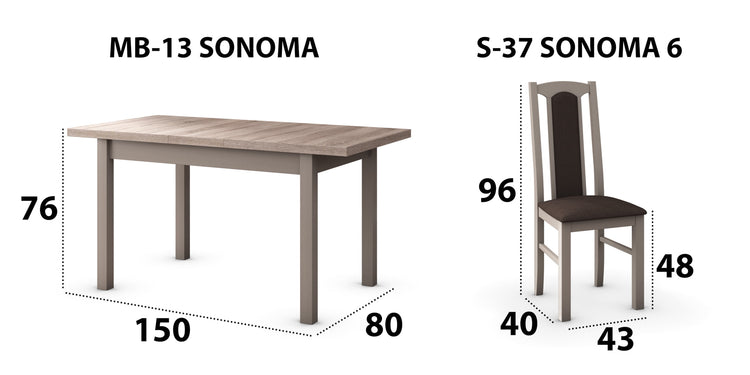 Set masa extensibila 120x150cm cu 4 scaune tapitate, mb-13 max5 si s-37 boss7 s6, sonoma, lemn masiv de fag, stofa