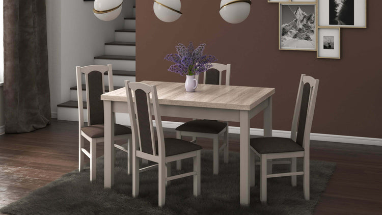 Set masa extensibila 120x150cm cu 4 scaune tapitate, mb-13 max5 si s-37 boss7 s6, sonoma, lemn masiv de fag, stofa