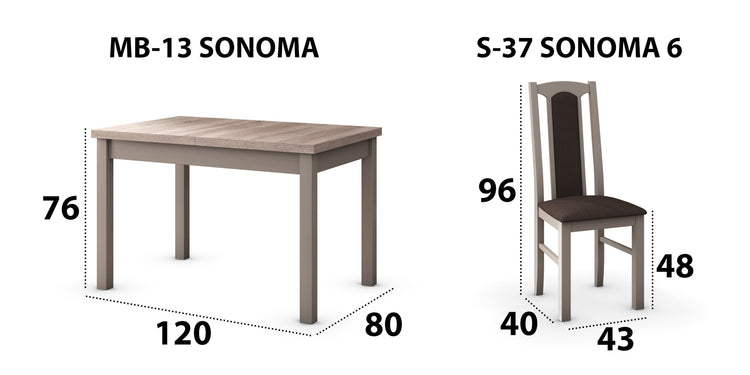 Set masa extensibila 120x150cm cu 4 scaune tapitate, mb-13 max5 si s-37 boss7 s6, sonoma, lemn masiv de fag, stofa