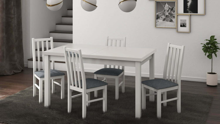 Set masa extensibila 120x150cm cu 4 scaune tapitate, mb-13 max5 si s-38 boss10 b11, alb, lemn masiv de fag, stofa - La Cucu
