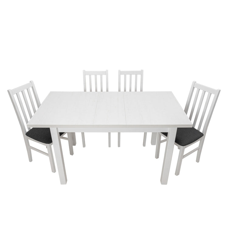 Set masa extensibila 120x150cm cu 4 scaune tapitate, mb-13 max5 si s-38 boss10 b11, alb, lemn masiv de fag, stofa - La Cucu