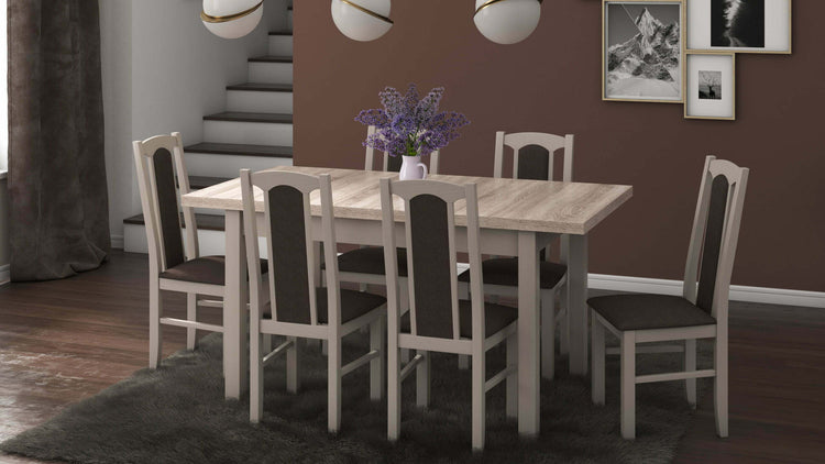 Set masa extensibila 120x150cm cu 6 scaune tapitate, mb-13 max5 si s-37 boss7 s6, sonoma, lemn masiv de fag, stofa