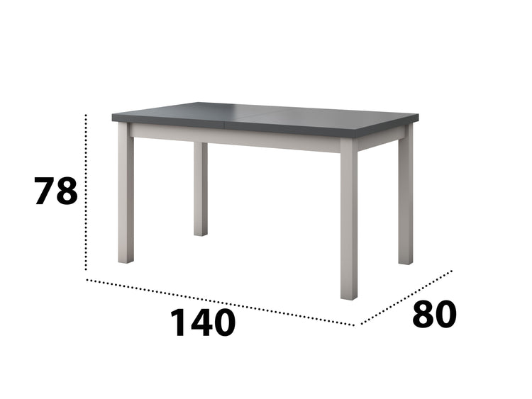 Set masa extensibila 140-180x80 cm cu 4 scaune tapitate, mb-21 modena1 si s-38 boss10 b11, alb/grafit, lemn masiv de fag, stofa