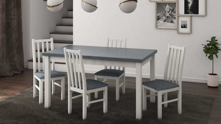 Set masa extensibila 140-180x80 cm cu 4 scaune tapitate, mb-21 modena1 si s-38 boss10 b11, alb/grafit, lemn masiv de fag, stofa
