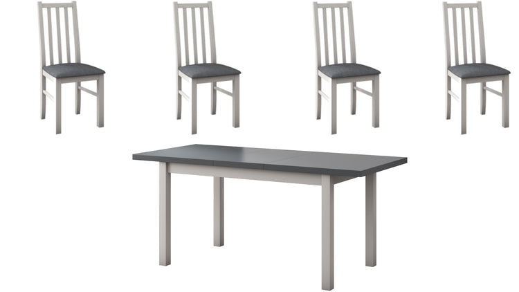 Set masa extensibila 140-180x80 cm cu 4 scaune tapitate, mb-21 modena1 si s-38 boss10 b11, alb/grafit, lemn masiv de fag, stofa