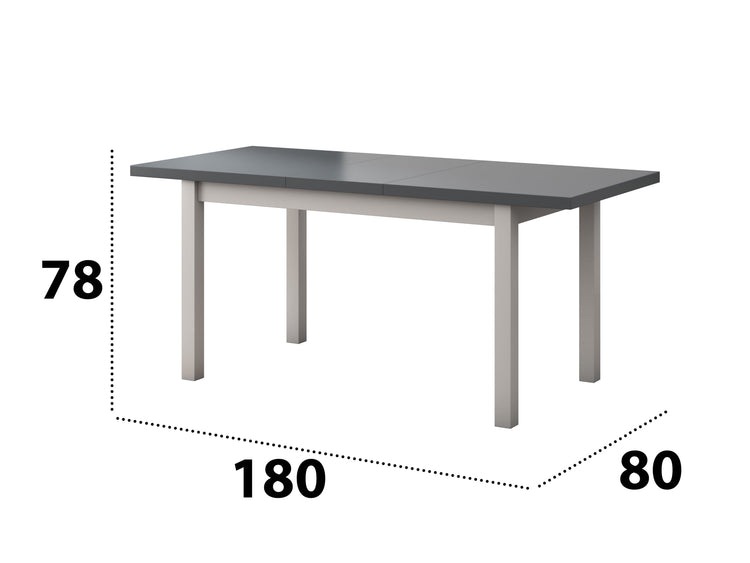 Set masa extensibila 140-180x80 cm cu 4 scaune tapitate, mb-21 modena1 si s-38 boss10 b11, alb/grafit, lemn masiv de fag, stofa