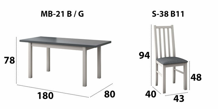 Set masa extensibila 140-180x80 cm cu 4 scaune tapitate, mb-21 modena1 si s-38 boss10 b11, alb/grafit, lemn masiv de fag, stofa