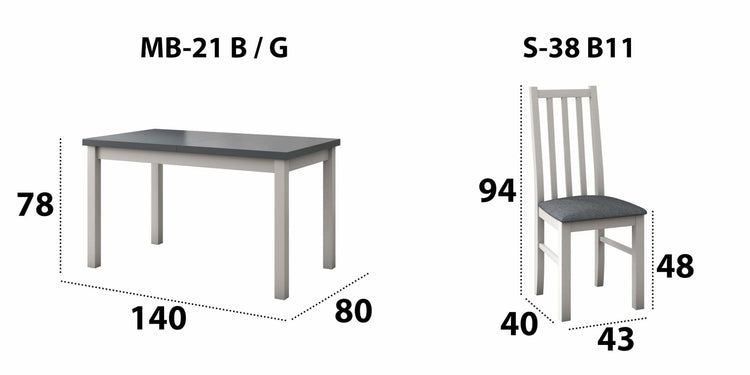 Set masa extensibila 140-180x80 cm cu 4 scaune tapitate, mb-21 modena1 si s-38 boss10 b11, alb/grafit, lemn masiv de fag, stofa