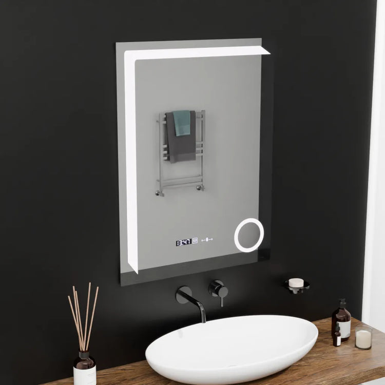 Oglinda LED Senzor MotionGlow Riflesso, cu functie Dezaburire Termometru Ceas si lupa Cosmetica, 60x80 cm Lumina Rece/Calda/Neutra Dimabila, colectia Marcello Funghi