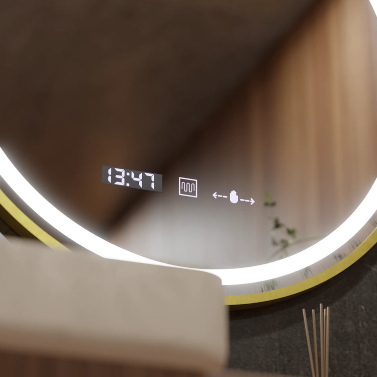 Oglinda LED Rotunda, 60cm, Celeste Royale Gold MotionGlow Marcello, Sistem Dezaburire, Ceas & Termometru, Dimabila
