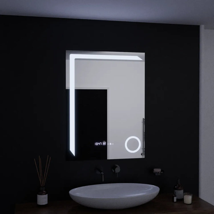 Oglinda LED Senzor MotionGlow Riflesso, cu functie Dezaburire Termometru Ceas si lupa Cosmetica, 60x80 cm Lumina Rece/Calda/Neutra Dimabila, colectia Marcello Funghi