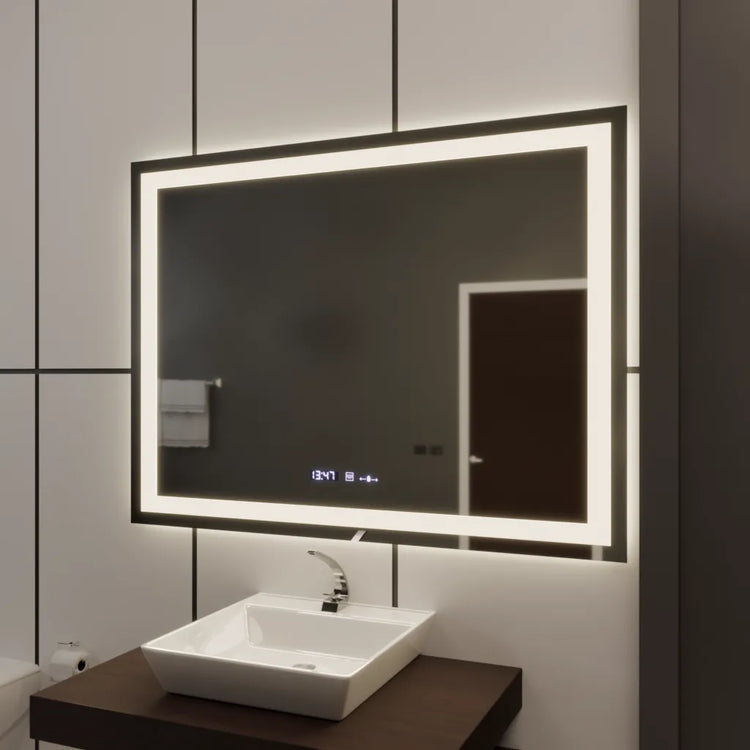 Oglinda LED Senzor MotionGlow Emmanouil Kontotis Dreptunghiulara 100x75 cm Lumina Calda/Rece/Neutra Sistem Dezaburire Termometru Ceas Colectia Marcello Funghi