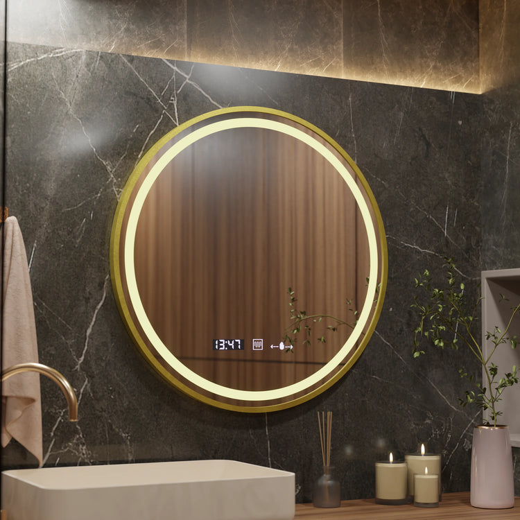 Oglinda LED Rotunda, 60cm, Celeste Royale Gold MotionGlow Marcello, Sistem Dezaburire, Ceas & Termometru, Dimabila