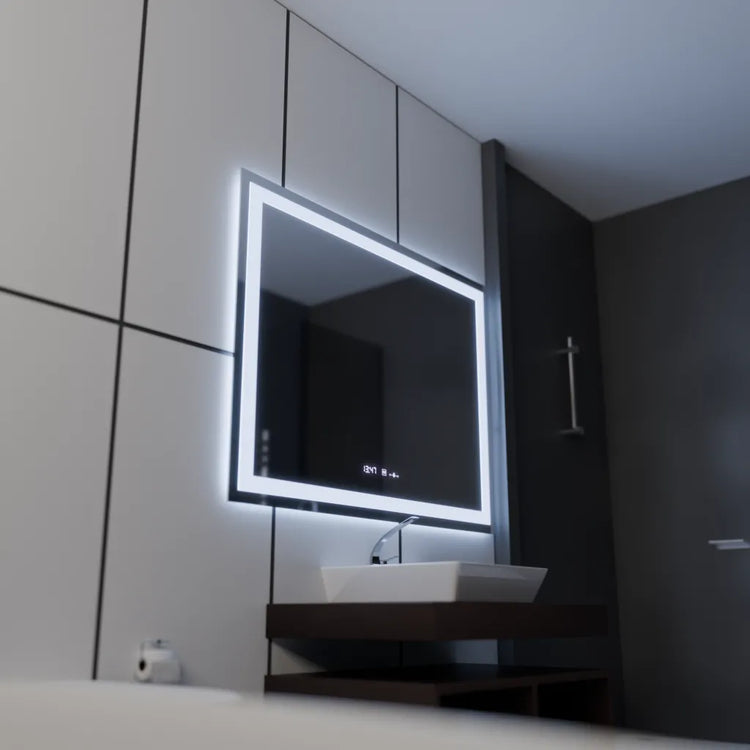 Oglinda LED Senzor MotionGlow Emmanouil Kontotis Dreptunghiulara 100x75 cm Lumina Calda/Rece/Neutra Sistem Dezaburire Termometru Ceas Colectia Marcello Funghi