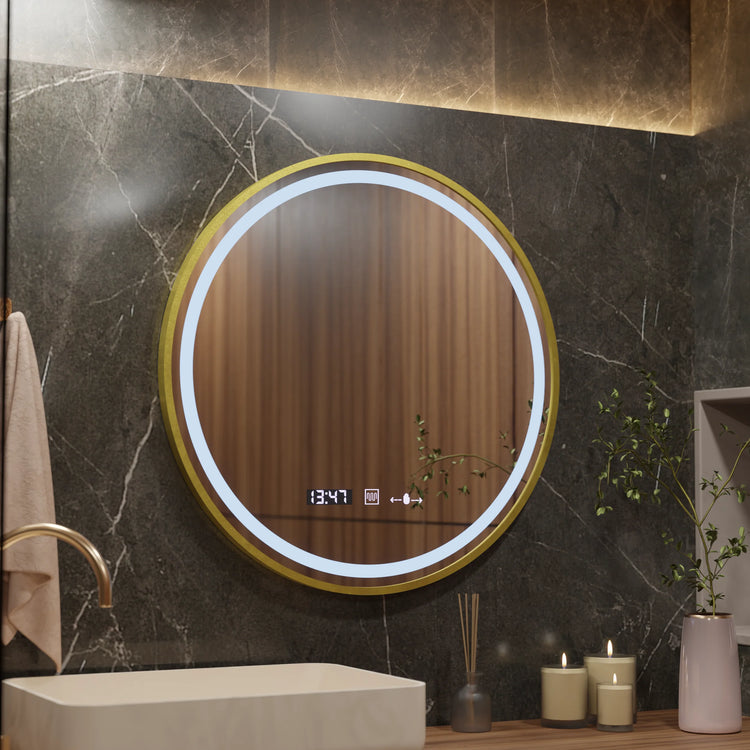 Oglinda LED Rotunda, 60cm, Celeste Royale Gold MotionGlow Marcello, Sistem Dezaburire, Ceas & Termometru, Dimabila
