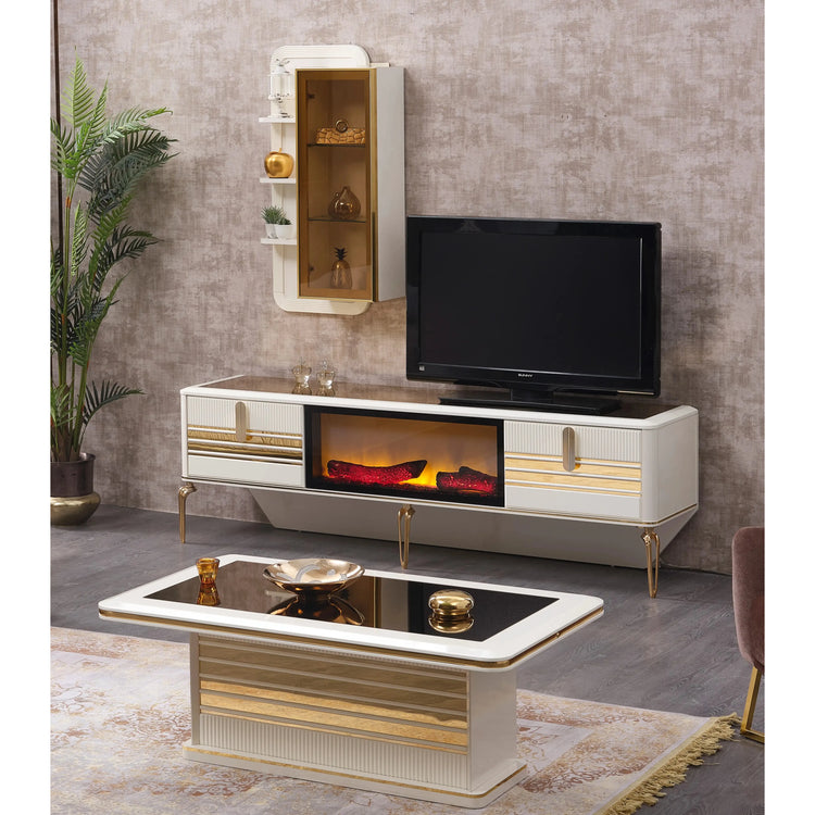 Măsuță de Cafea de Lux Berlin, Alb Fildeș și Oglindă Aurie - La Cucu