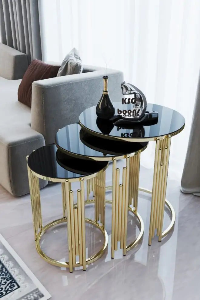 Set Masute de cafea cu 3 piese Orlando, negru-auriu