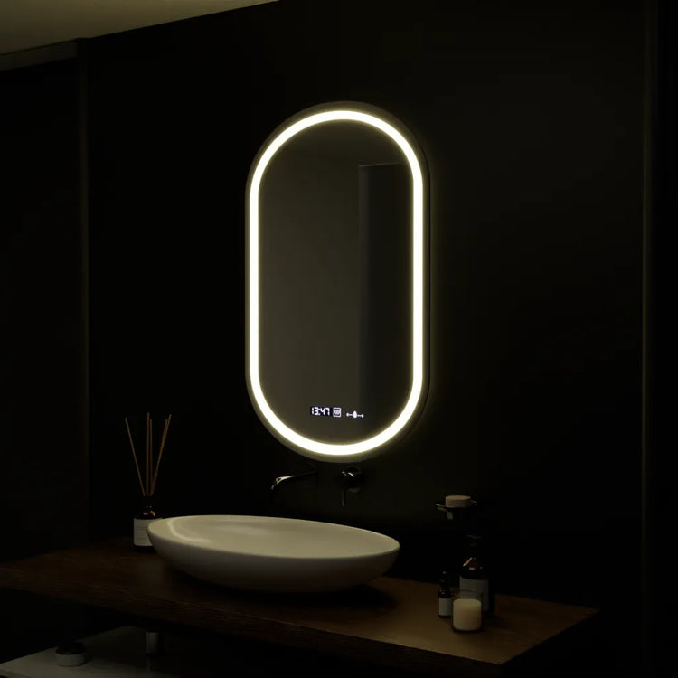 Oglinda LED Senzor MotionGlow Zaffiro cu functie Dezaburire Termometru Ceas 50x80 cm Lumina Rece/Calda/Neutra Dimabila
