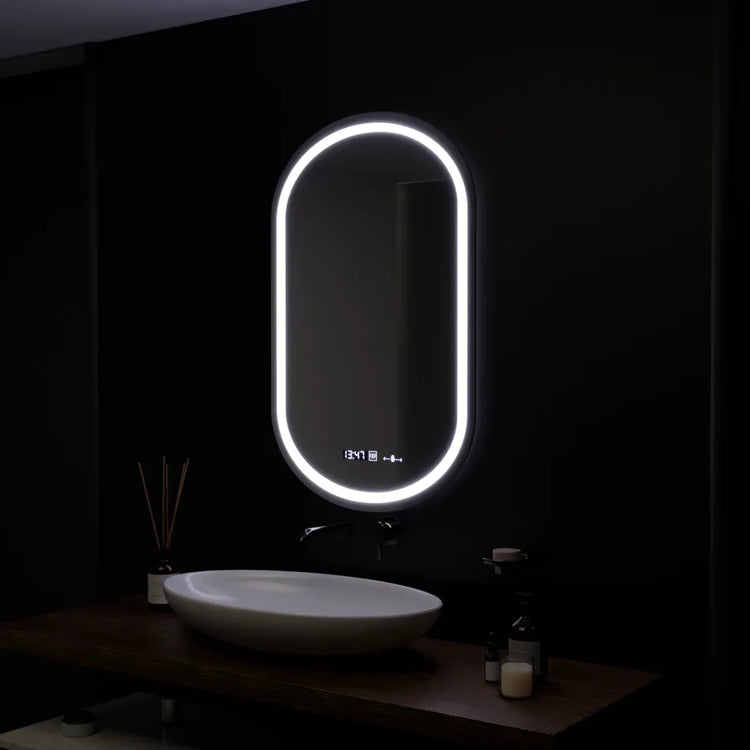 Oglinda LED Senzor MotionGlow Zaffiro cu functie Dezaburire Termometru Ceas 50x80 cm Lumina Rece/Calda/Neutra Dimabila