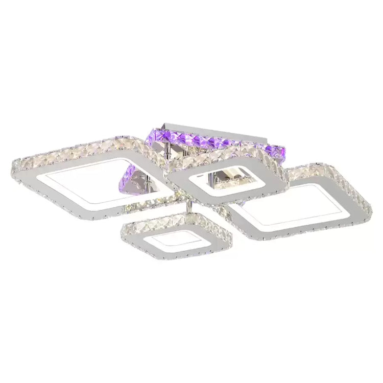 Lustra LED cu telecomanda si cristal NOVA RHOMBA RGB 60W, 4 Patrate, lumina Rece/Calda/Neutra, Dimabila, Crom Lucios